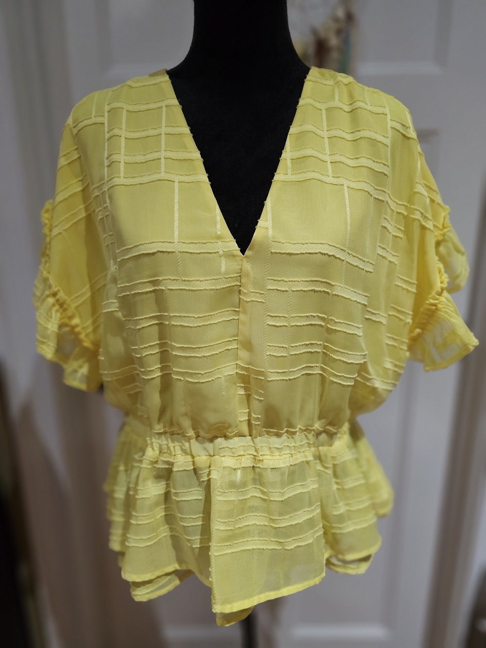 Adelyn Rae Lemon Yellow V-Neck Ruffled Peplum Blouse